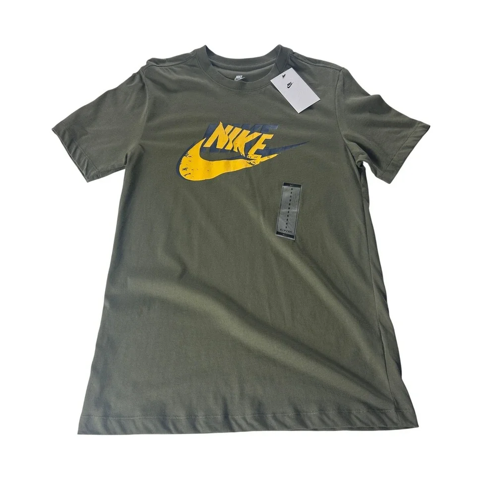 Nike‎ Mens Graphic T-Shirt Olive Green Distressed Swoosh Logo Size Small NWT